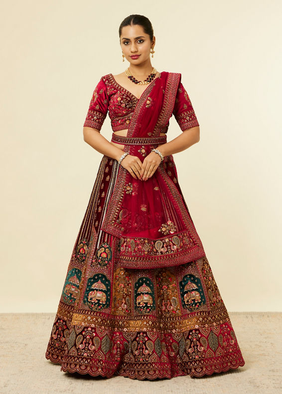 Mohey Women Maroon Floral Aari Embroidered Bridal Lehenga