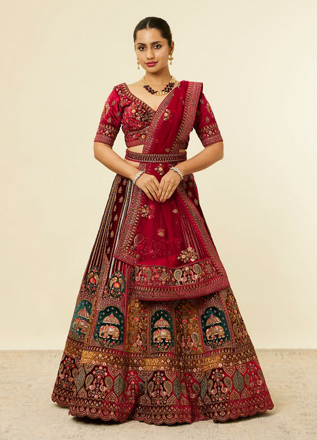 alt message - Mohey Women Maroon Floral Aari Embroidered Lehenga image number 0