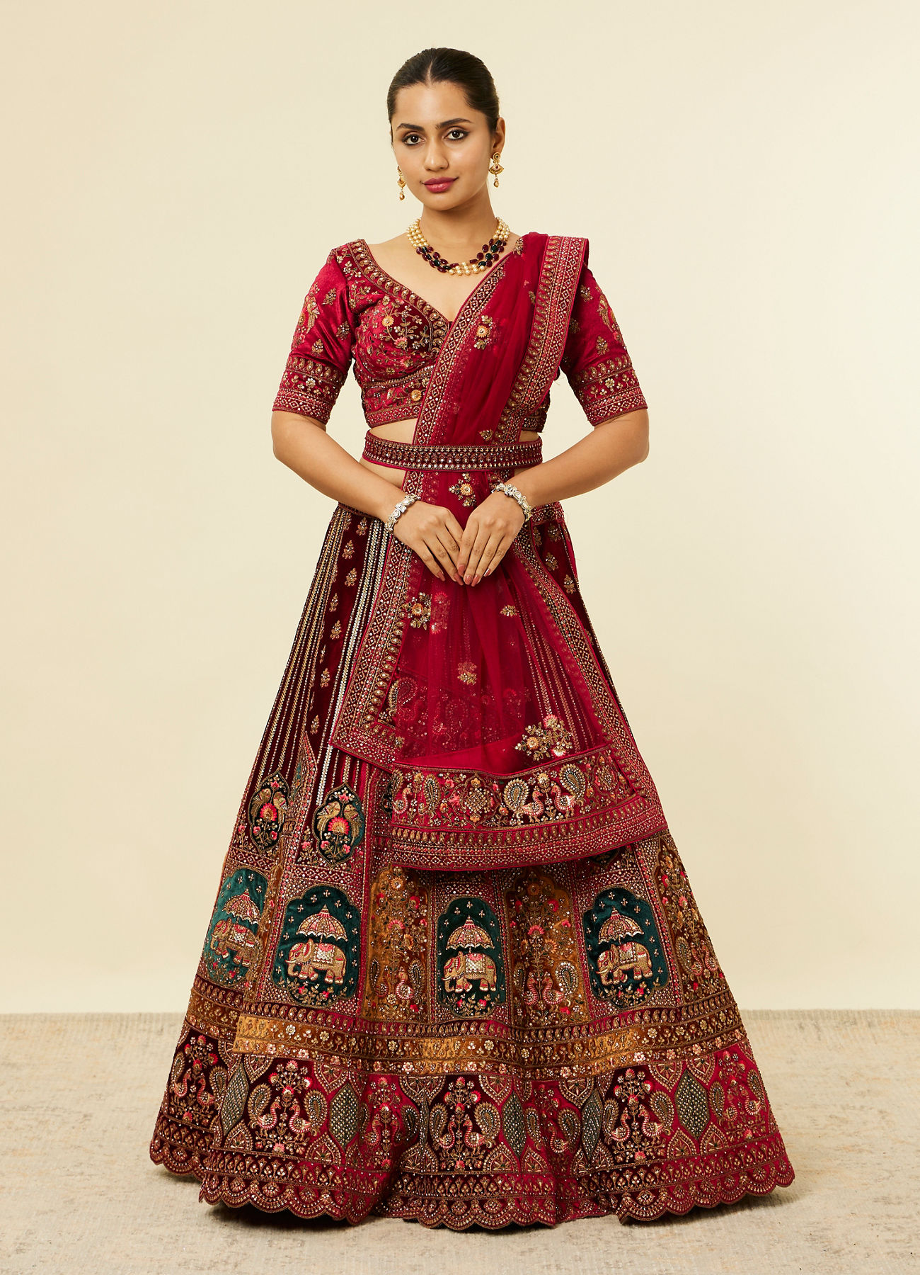 Mohey Women Maroon Floral Aari Embroidered Bridal Lehenga