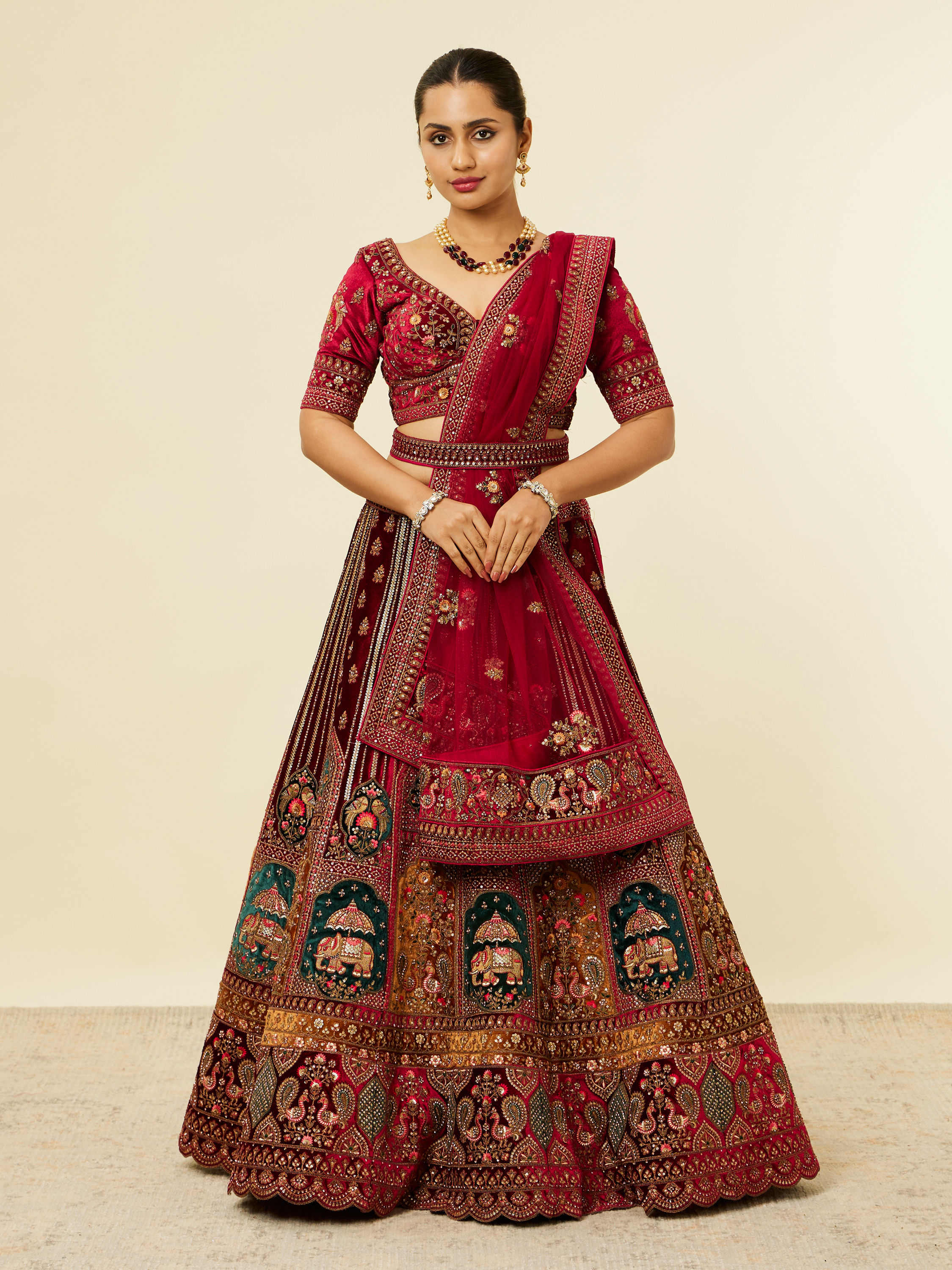 Mohey Women Maroon Floral Aari Embroidered Bridal Lehenga