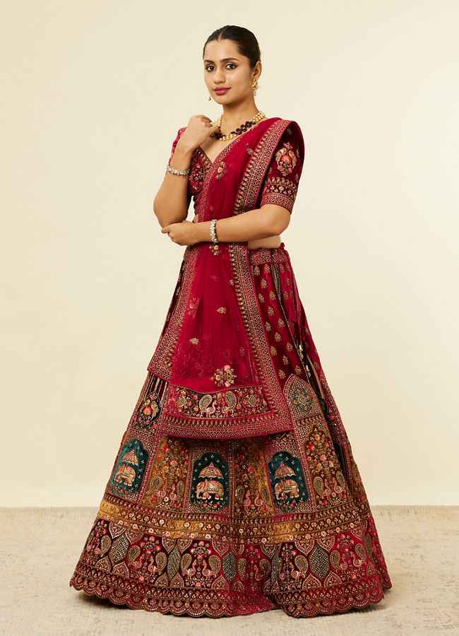 alt message - Mohey Women Maroon Floral Aari Embroidered Lehenga image number 2