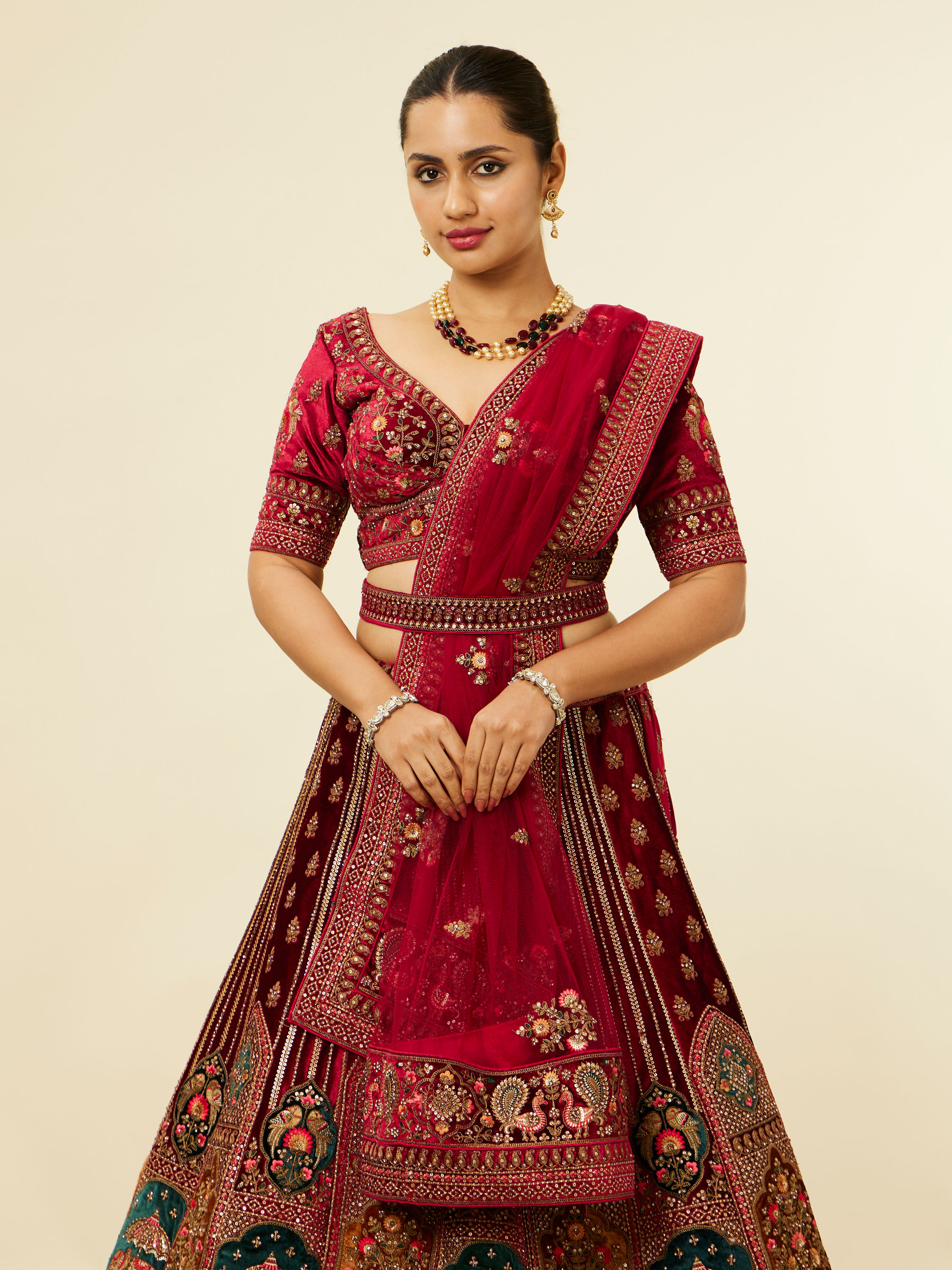 Mohey Women Maroon Floral Aari Embroidered Bridal Lehenga