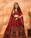 alt message - Mohey Women Dark Red Velvet Crop Top Lehenga image number 0