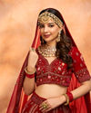 alt message - Mohey Women Dark Red Velvet Crop Top Lehenga image number 1