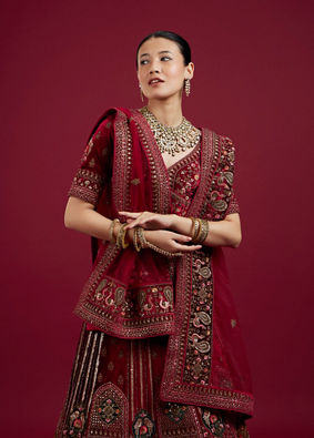Mohey Women Maroon Floral Aari Embroidered Bridal Lehenga
