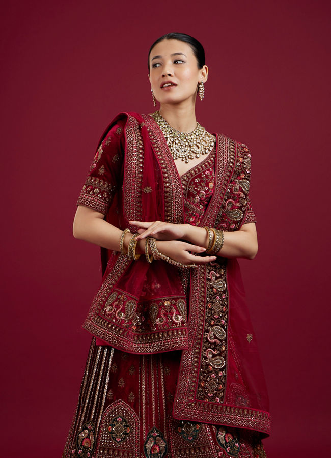 Mohey Women Maroon Floral Aari Embroidered Bridal Lehenga