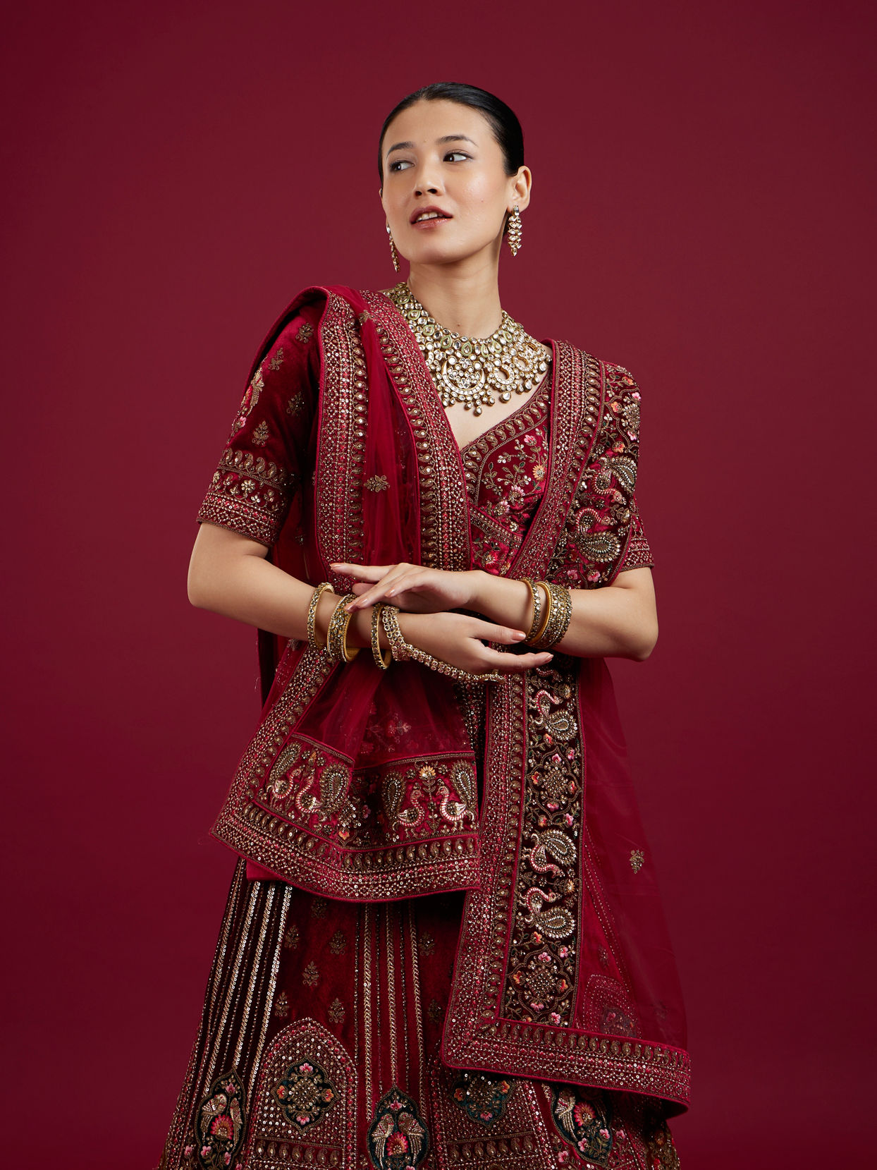 Mohey Women Maroon Floral Aari Embroidered Bridal Lehenga
