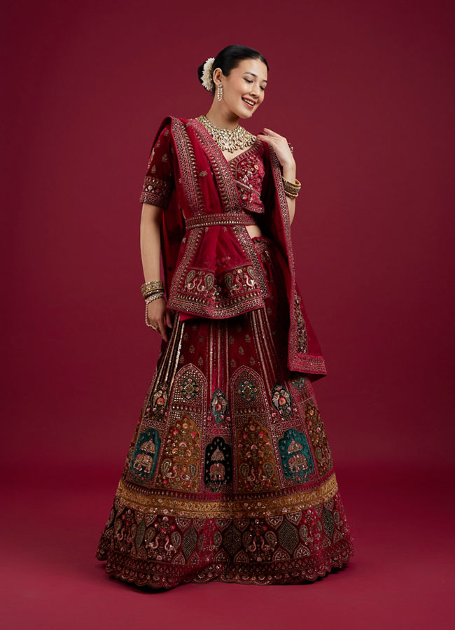 Mohey Women Maroon Floral Aari Embroidered Bridal Lehenga