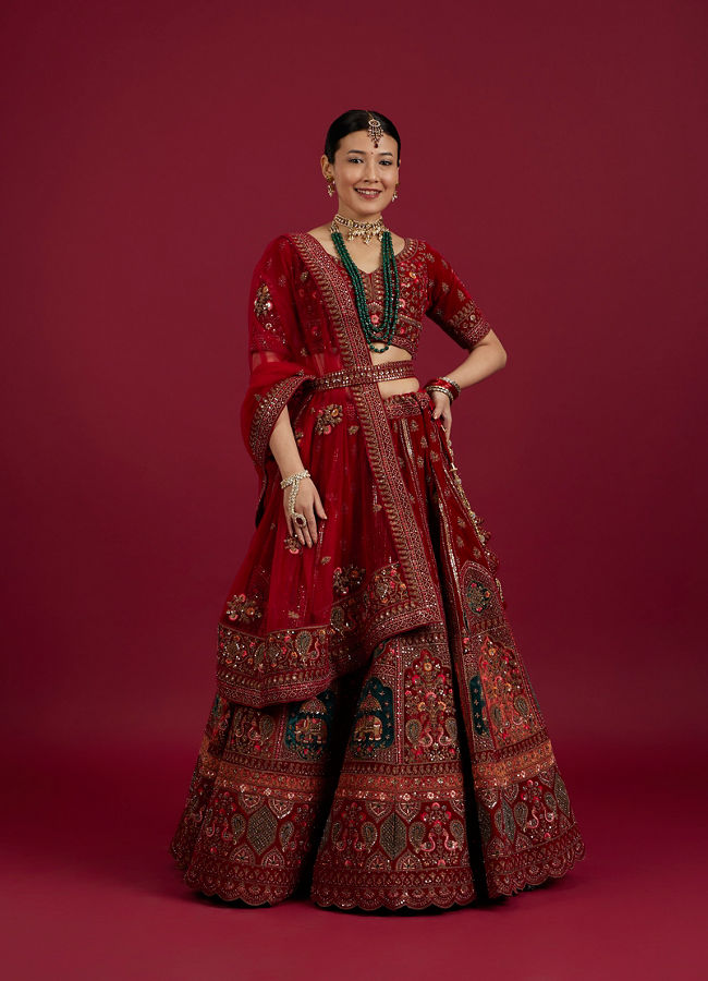Mohey Women Dark Red Velvet Bridal Lehenga