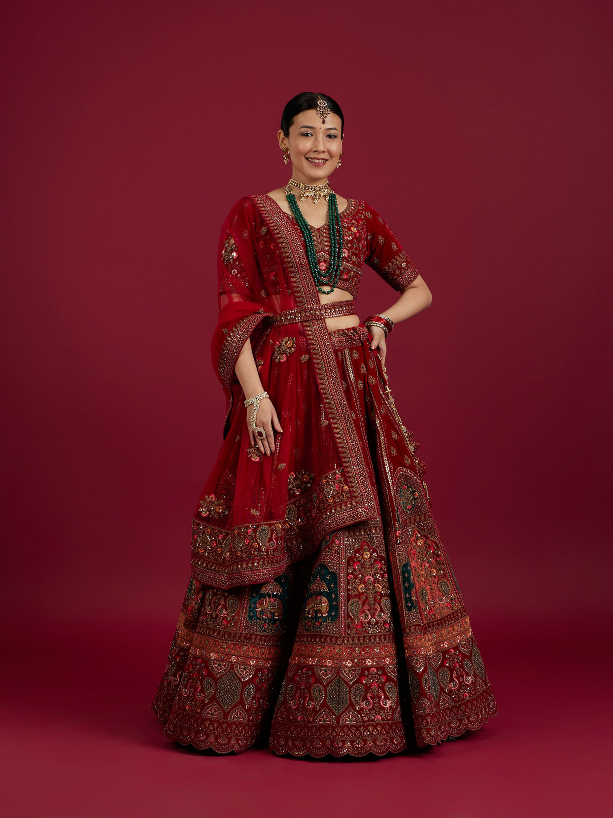 Mohey Women Dark Red Velvet Bridal Lehenga