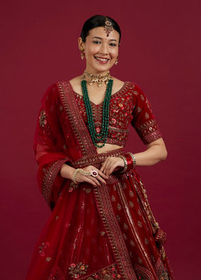 Mohey Women Dark Red Velvet Bridal Lehenga