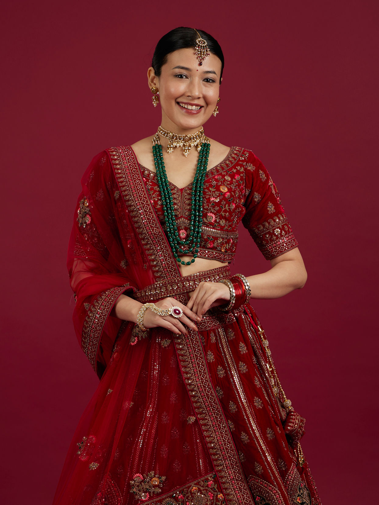 Mohey Women Dark Red Velvet Bridal Lehenga