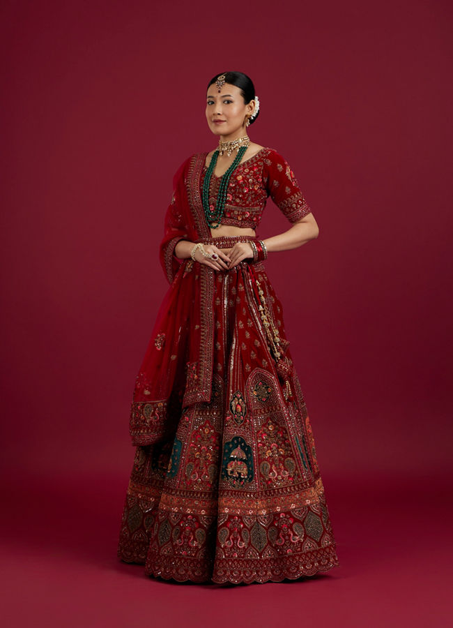 Mohey Women Dark Red Velvet Crop Top Bridal Lehenga image number 2