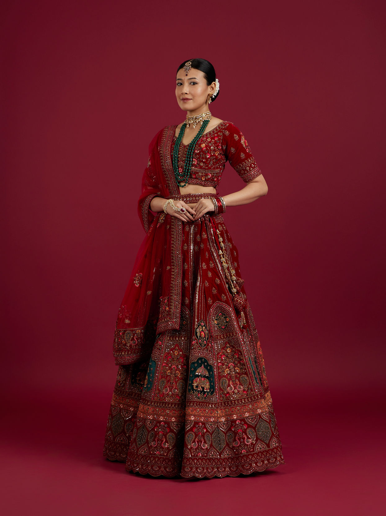 Mohey Women Dark Red Velvet Crop Top Bridal Lehenga image number 2