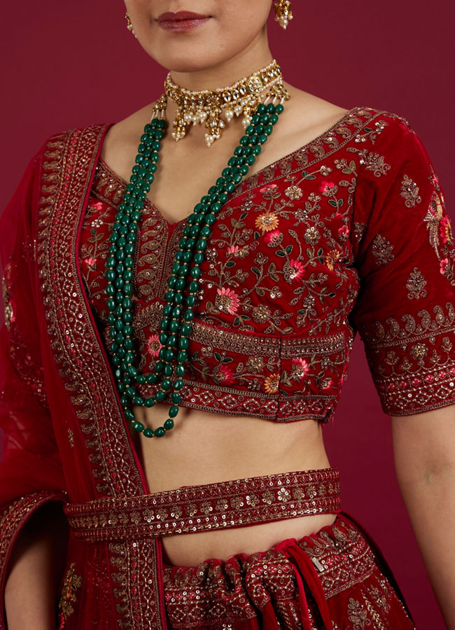 Mohey Women Dark Red Velvet Crop Top Bridal Lehenga image number 3