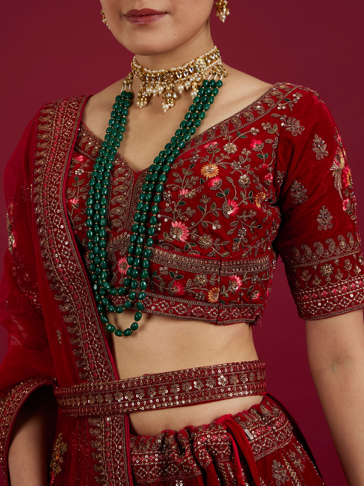 Mohey Women Dark Red Velvet Crop Top Bridal Lehenga image number 3