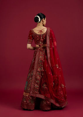 Mohey Women Dark Red Velvet Crop Top Bridal Lehenga image number 5