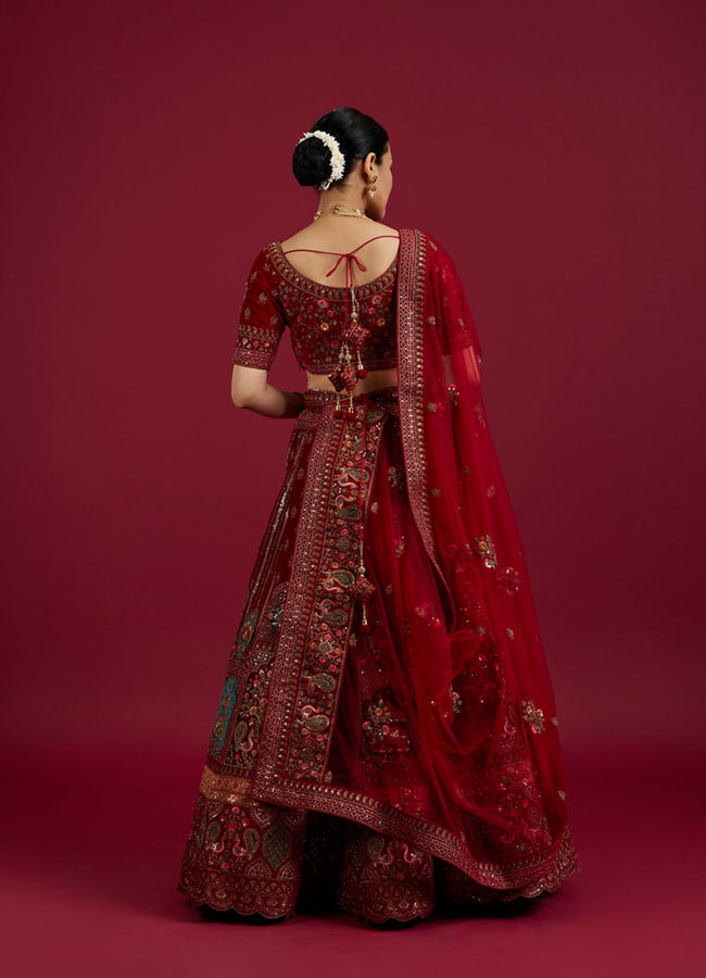 Mohey Women Dark Red Velvet Crop Top Bridal Lehenga image number 5