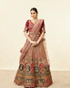 alt message - Mohey Women Rich Red Aari Embroidered Bridal Lehenga image number 1