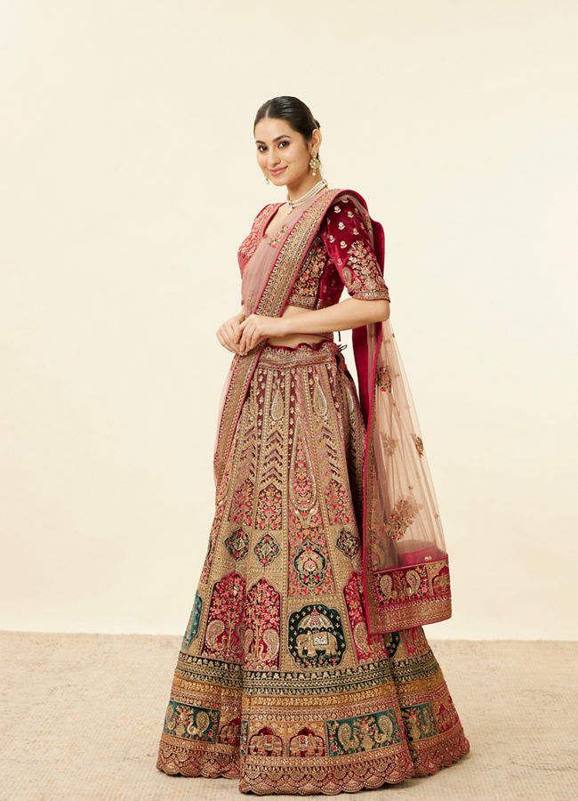 alt message - Mohey Women Rich Red Aari Embroidered Bridal Lehenga image number 3