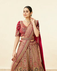 Mohey Women Rich Red Aari Embroidered Bridal Lehenga