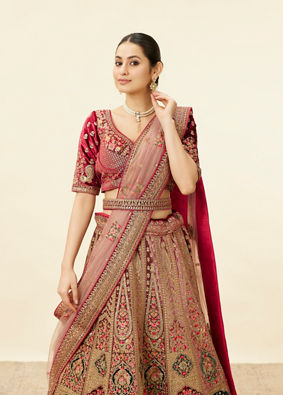 Mohey Women Rich Red Aari Embroidered Bridal Lehenga