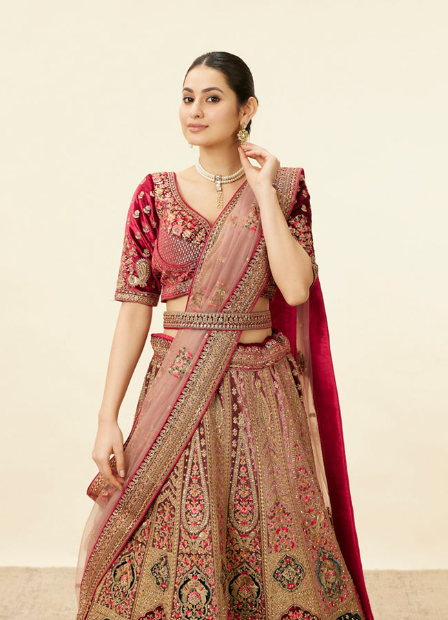 Mohey Women Rich Red Aari Embroidered Bridal Lehenga