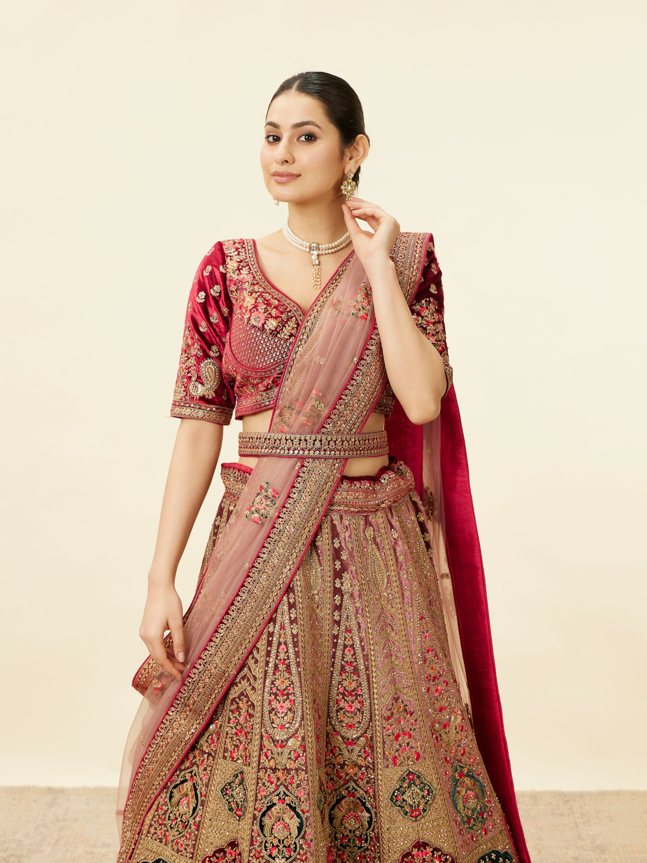 Mohey Women Rich Red Aari Embroidered Bridal Lehenga