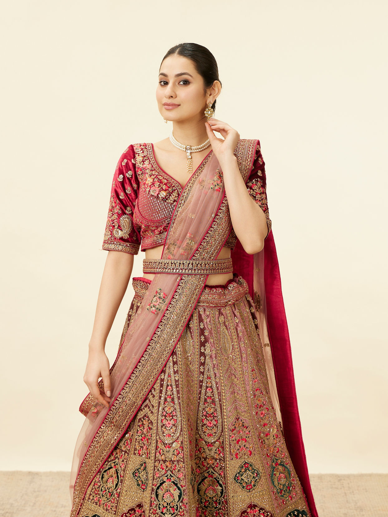 Mohey Women Rich Red Aari Embroidered Bridal Lehenga