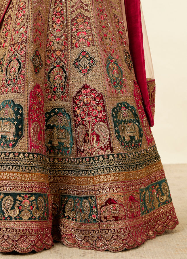 Mohey Women Rich Red Aari Embroidered Bridal Lehenga