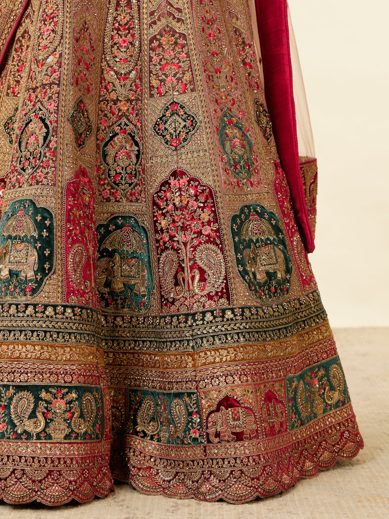 Mohey Women Rich Red Aari Embroidered Bridal Lehenga