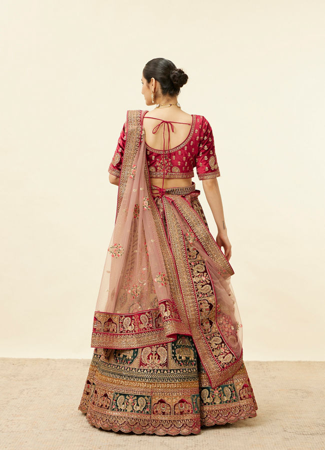 Mohey Women Rich Red Aari Embroidered Bridal Lehenga