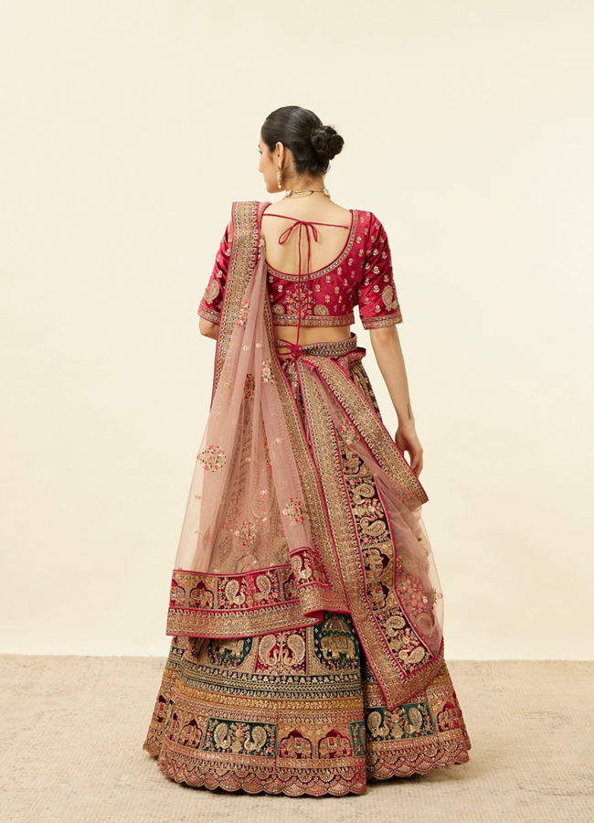 alt message - Mohey Women Rich Red Aari Embroidered Bridal Lehenga image number 5