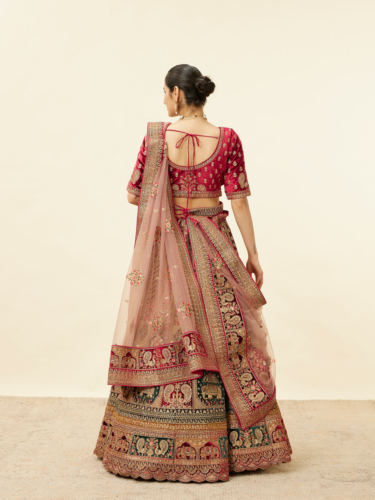 alt message - Mohey Women Rich Red Aari Embroidered Bridal Lehenga image number 5