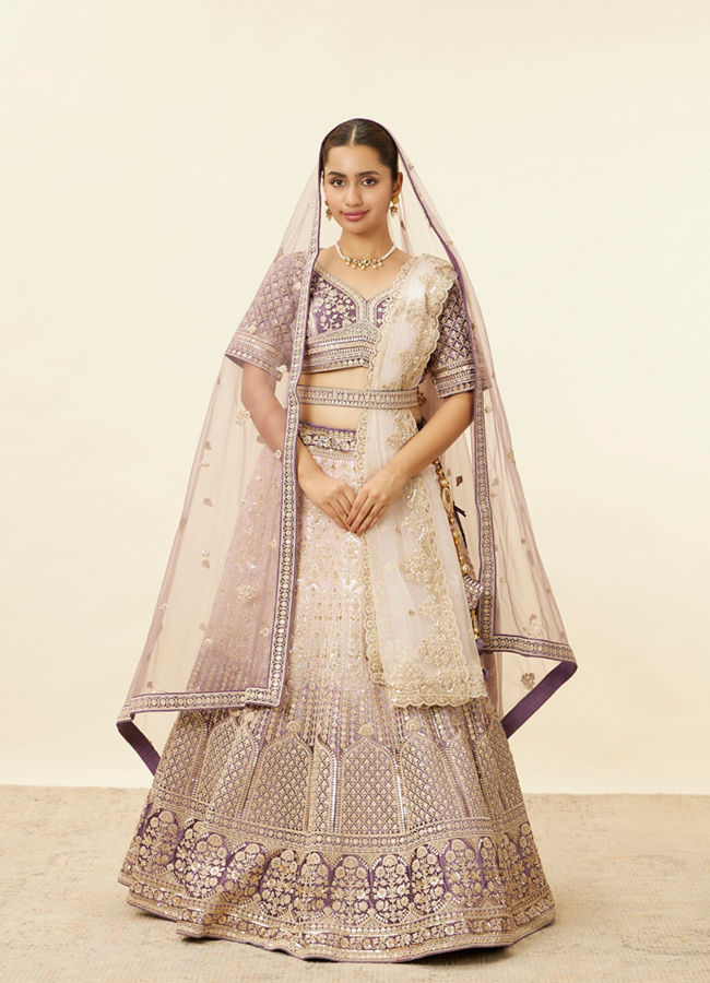 Mohey Women Deep Violet Aari Embroidered Bridal Lehenga