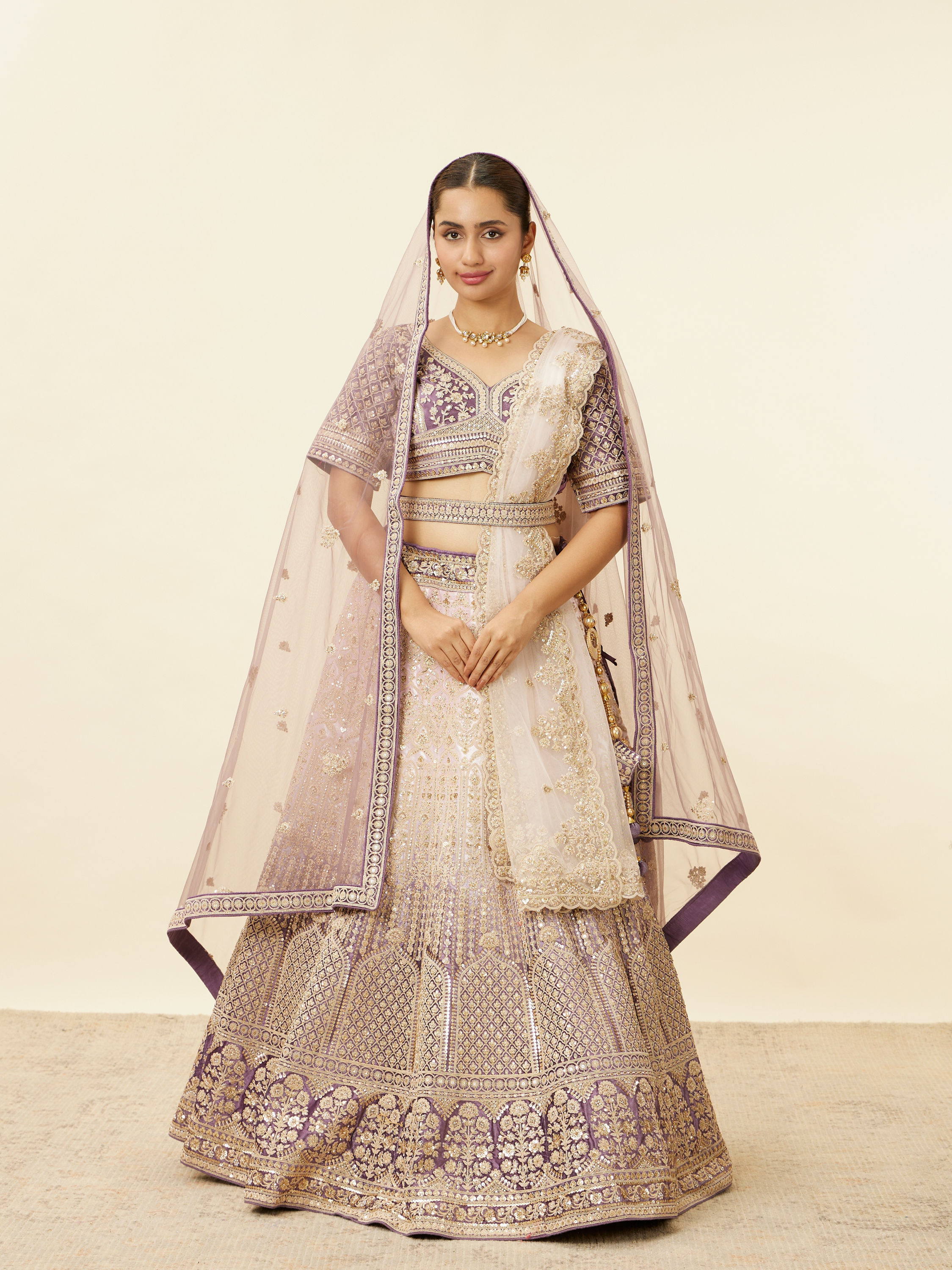 Mohey Women Deep Violet Aari Embroidered Bridal Lehenga