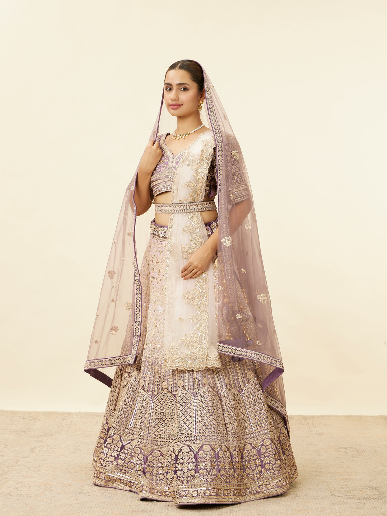 Mohey Women Deep Violet Aari Embroidered Bridal Lehenga
