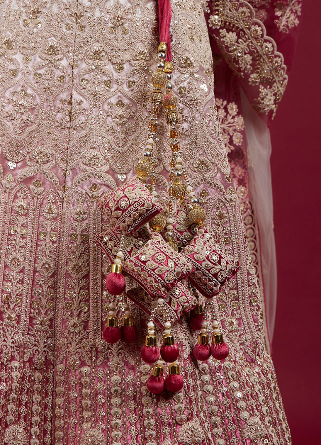 Mohey Women Coral And Light Pink Aari Embroidered Lehenga with Mirror Work
