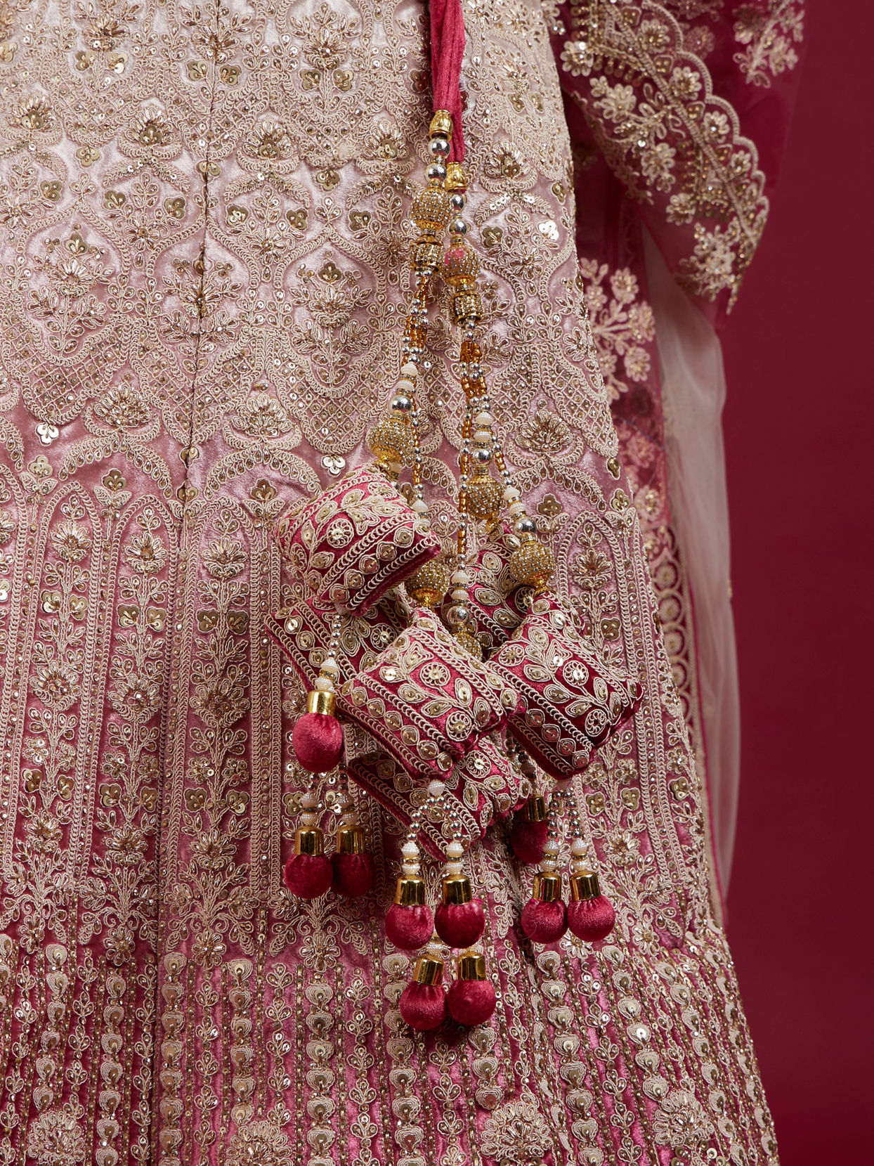 Mohey Women Coral And Light Pink Aari Embroidered Lehenga with Mirror Work