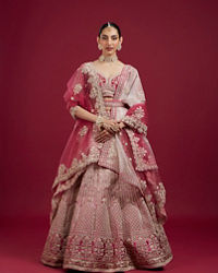 Mohey Women Coral And Light Pink Aari Embroidered Lehenga with Mirror Work