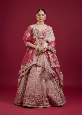 Mohey Women Coral And Light Pink Aari Embroidered Lehenga with Mirror Work