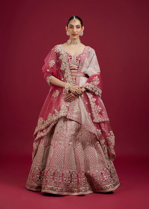 Mohey Women Coral And Light Pink Aari Embroidered Lehenga with Mirror Work
