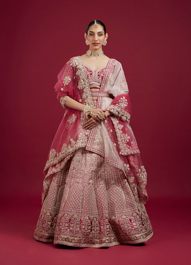 Mohey Women Coral And Light Pink Aari Embroidered Lehenga with Mirror Work