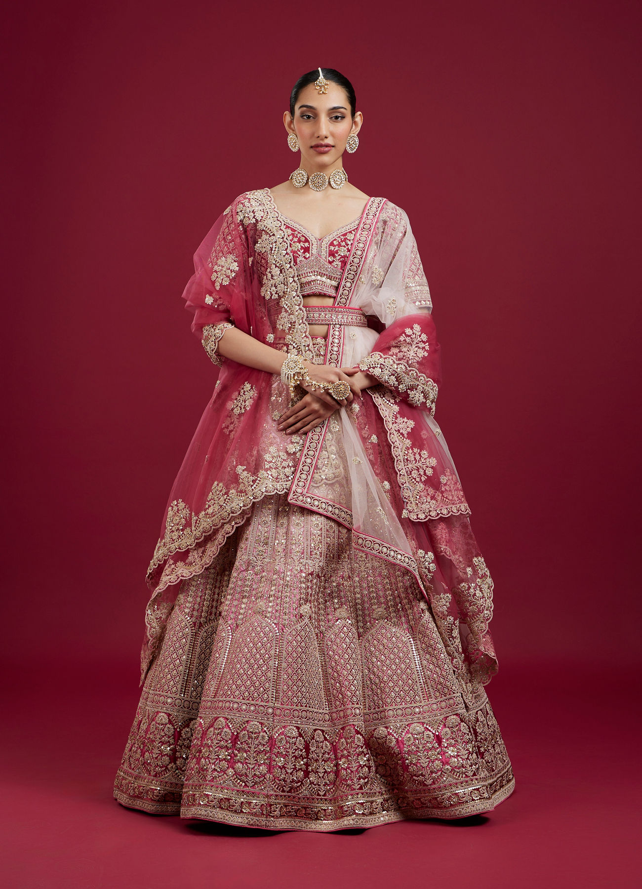 Mohey Women Coral And Light Pink Aari Embroidered Lehenga with Mirror Work