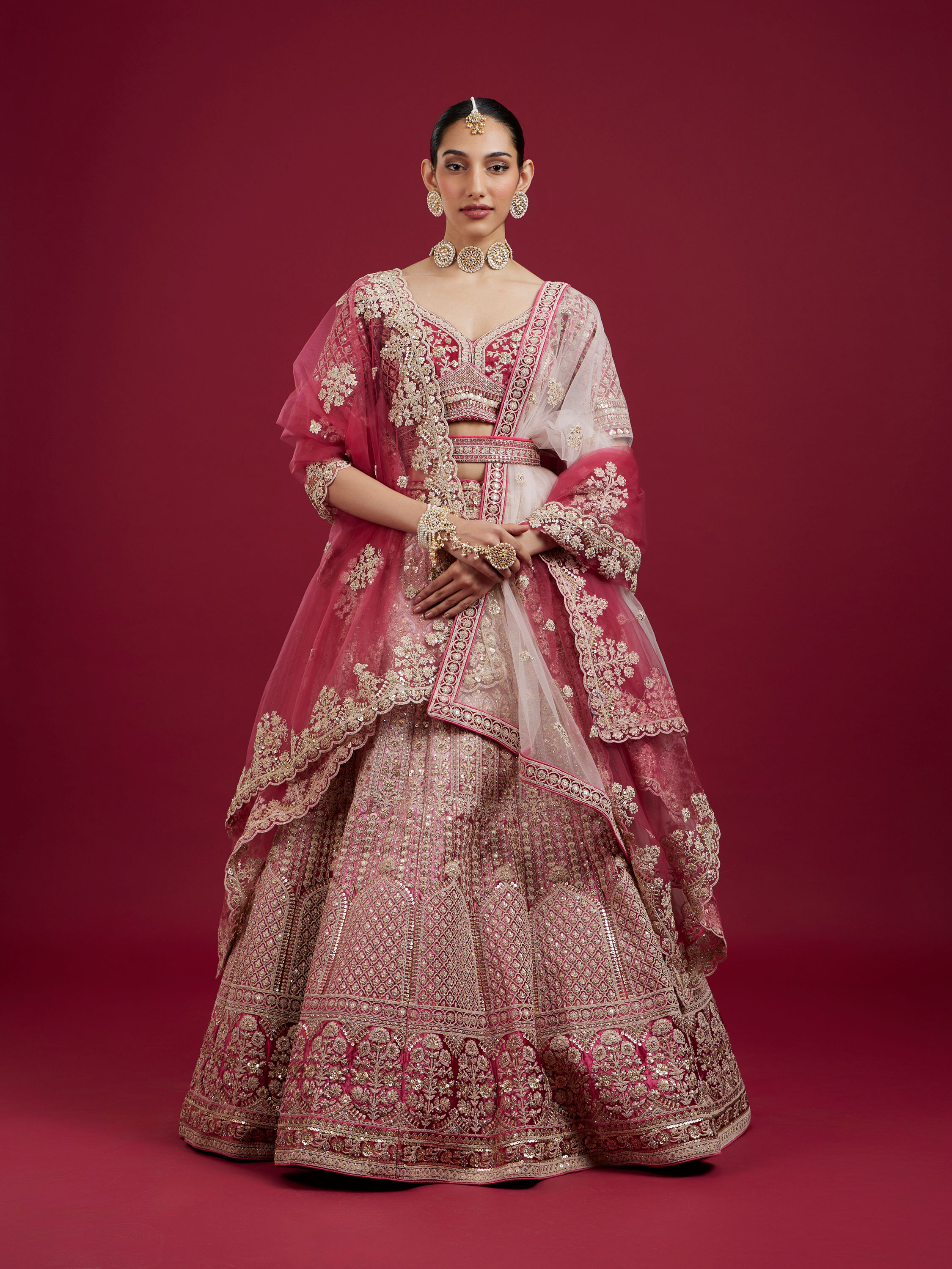 Mohey Women Coral And Light Pink Aari Embroidered Lehenga with Mirror Work