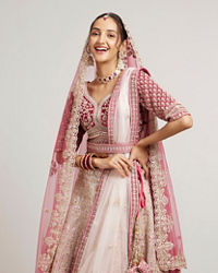 Mohey Women Coral and Light Pink Aari Embroidered Lehenga with Mirror Work