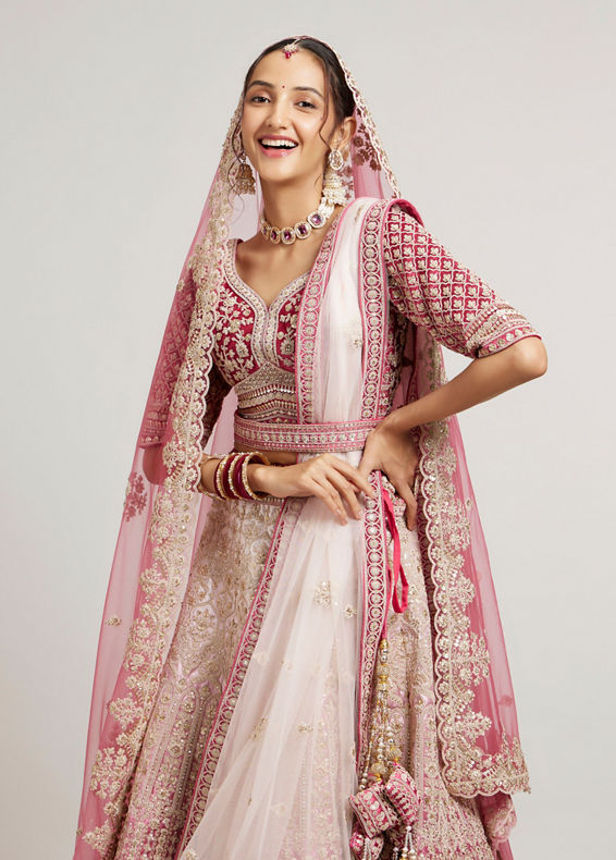 Mohey Women Coral And Light Pink Aari Embroidered Lehenga with Mirror Work