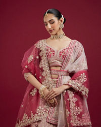 Mohey Women Coral And Light Pink Aari Embroidered Lehenga with Mirror Work
