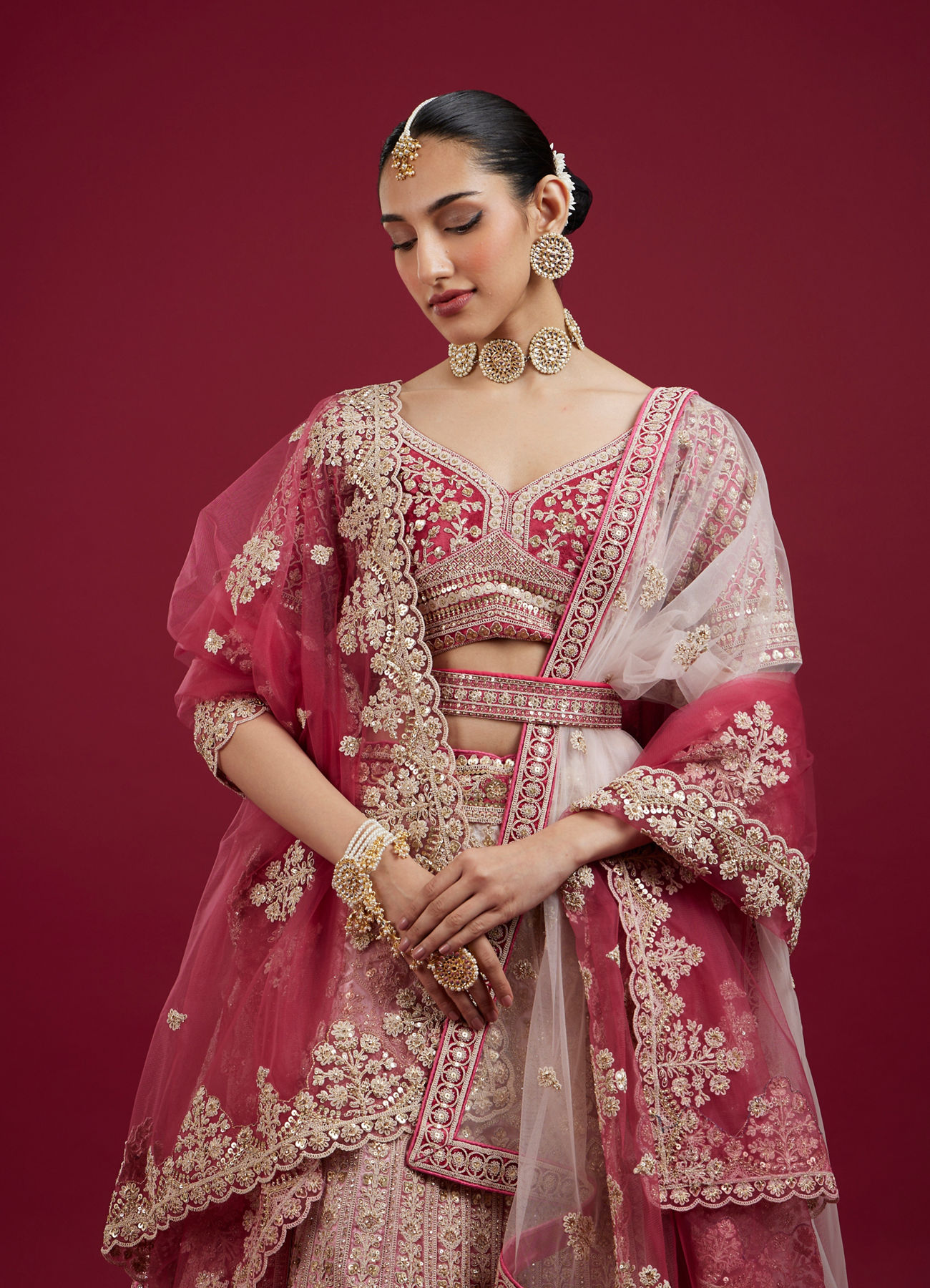 Mohey Women Coral And Light Pink Aari Embroidered Lehenga with Mirror Work