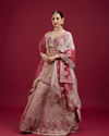 Mohey Women Coral And Light Pink Aari Embroidered Lehenga with Mirror Work